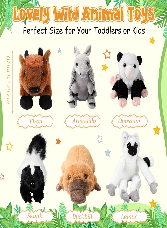 Jenaai 6 Pcs Safari Stuffed Animals Bulk 10 Inch Zoo Wild Plush Toys Set Armadillo Opossum Skunk Bison Lemur Stuffed Animals Valentines Day Gifts for School Classroom Students Prizes - Image 2